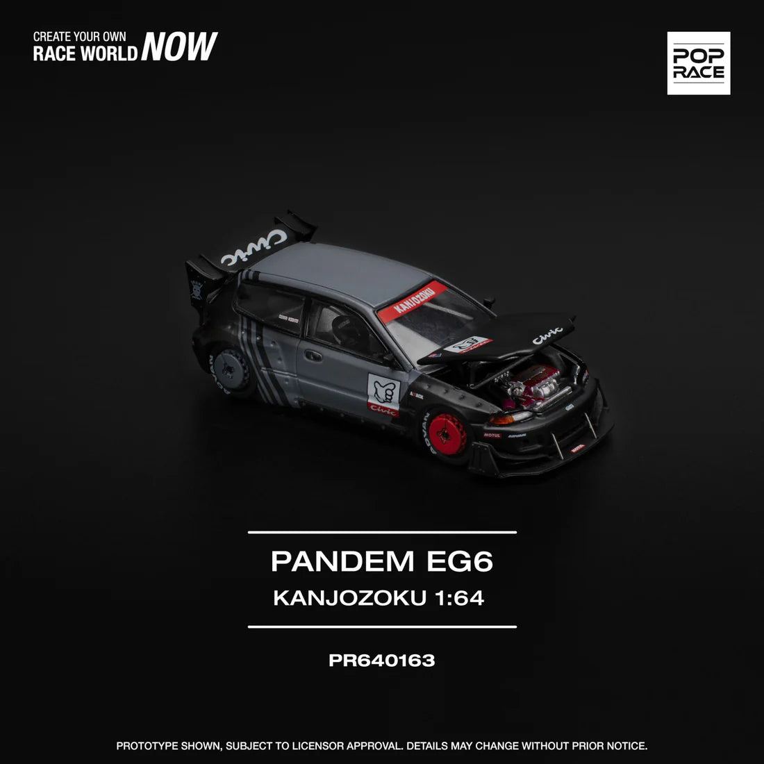 Pop Race - Pandem Civic EG6 *Kanjozoku*, black/gray/red 1:64