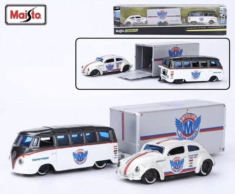 Volkswagen Van & Beetle Set met Aanhanger - Maisto, 1:64